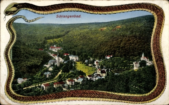 Postcard Schlangenbad in the Taunus Hesse, landscape photo, serpentine, place-name signs, river, forest