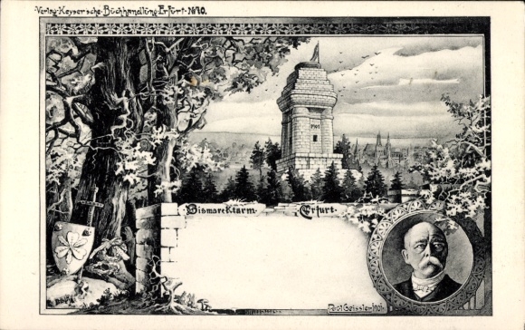 Artist Postcard Erfurt Thuringia, Bismarck Tower, Otto von Bismarck, portrait, coat of arms, cityscape