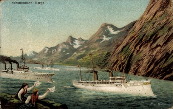 Artist Postcard Müller, Max, Norway, German warship Hohenzollern