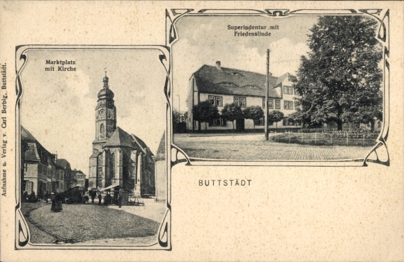 Postcard Buttstädt in Thuringia, market square, church, superintendent's office, Friedenslinde