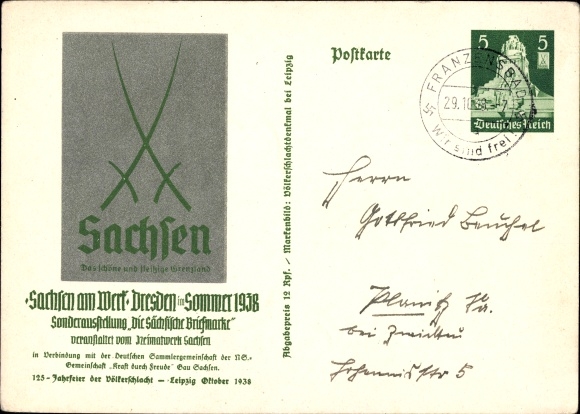 KP pocztowa Drezno, Saksonia przy pracy 1938, wystawa specjalna Znaczek saski, PP 9 C