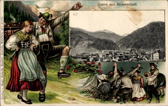 Stamped Postcard Immenstadt im Allgäu Swabia, general view, dancing couple in traditional costume