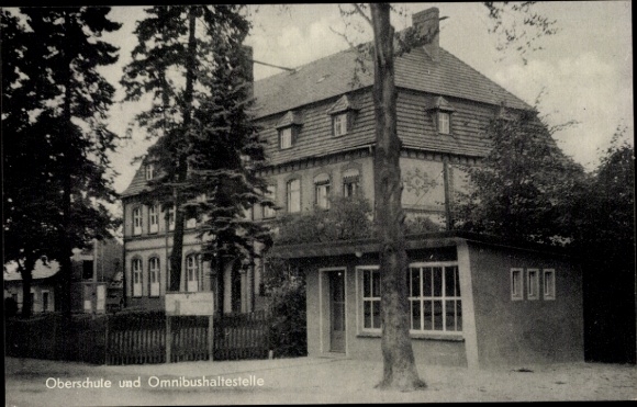 Postcard See Niesky in Upper Lusatia, secondary school and bus stop
