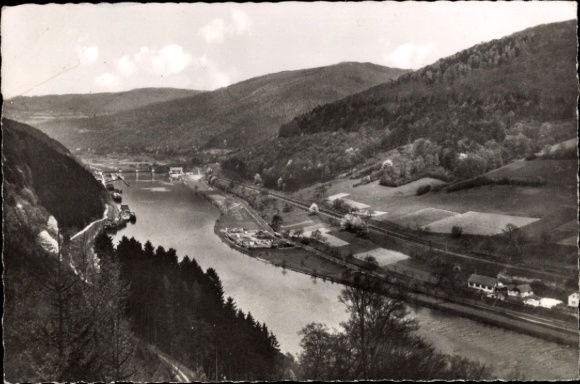 Postcard Lindach Eberbach am Neckar, landscape with river, hills, trees, town of Lindach (Baden Neckar Valley)