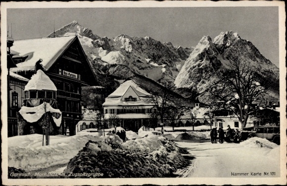 Postcard Garmisch Partenkirchen in Upper Bavaria, Zugspitze group, snow-covered mountains,