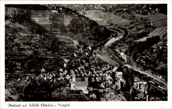 Ak Obertsrot Gernsbach im Schwarzwald, Fliegeraufnahme, Schloss Eberstein, Murgtal
