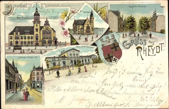 Coat of arms litho Rheydt Mönchengladbach on the Lower Rhine, town hall, train station, Friedrich Wilhelm Strasse