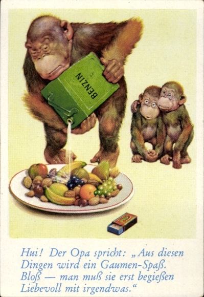 Collector's picture funny pictures No. 48, orangutan pours gasoline over fruit