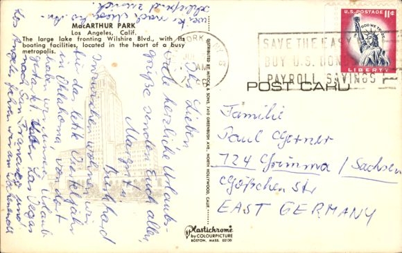 Los Angeles, Californië, VS, MacArthur Park, groot meer, boten, stadsgezicht, jaren 40,