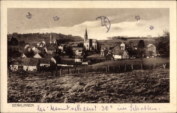 Postcard Denklingen Reichshof in the Oberberg district, church, panorama of the village