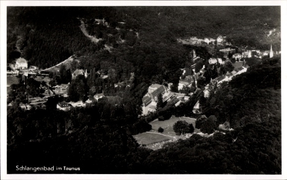 Postcard Schlangenbad in the Taunus Hesse, aerial view of Schlangenbad, wooded surroundings, buildings, How