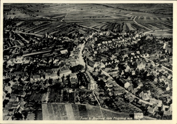 Postcard Forst (near Bruchsal) in Baden, aerial photograph, houses, fields, forest near Bruchsal