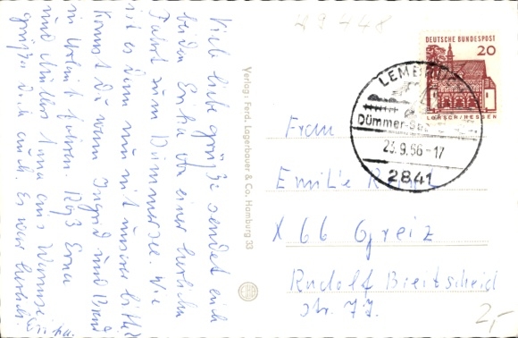 Postcard Lembruch in Lower Saxony, Restaurant Café Seeblick, owner Mrs. Sandering, Birkenallee, thatched roof