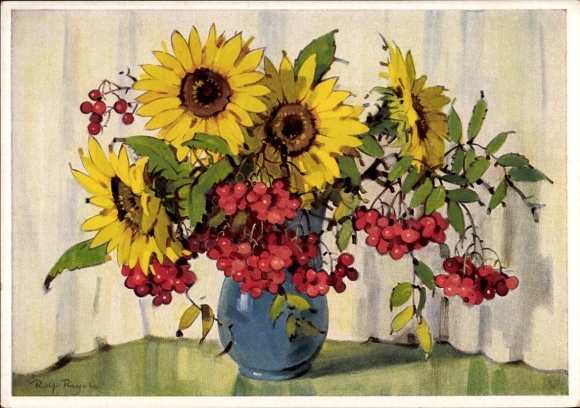 Artist Postcard Regele, R., Bouquet of flowers, sunflowers, Ackermann 4180