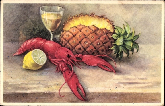Postcard lobster, pineapple, lemon, wine glass