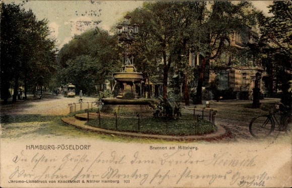 Postcard Hamburg Eimsbüttel Rotherbaum Pöseldorf, fountain on Mittelweg