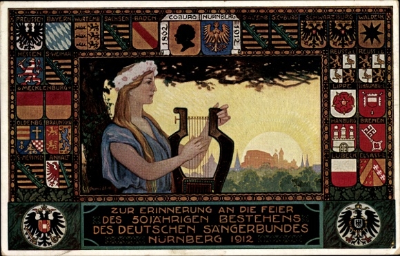 Artist coat of arms Postcard Nuremberg in Middle Franconia, 50th anniversary of the German Singers' Association 1912