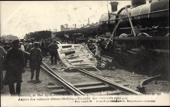Postcard Contich Kontich Flandern Antwerp, railway accident, accident de chemin de fer 1908, voitures