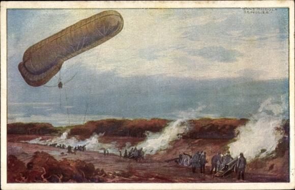 Artist Postcard Schulze, Hans Rudolf, Tethered Balloon of the German Air Fleet in World War I, Artillery