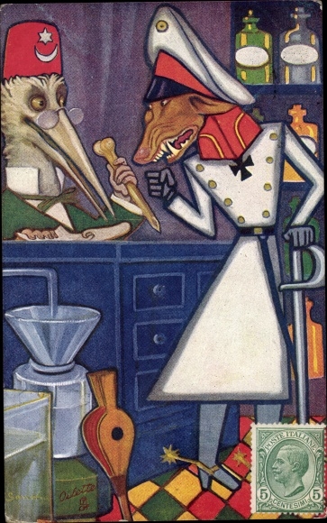 Artist Postcard De Wolf en de Ooievaar, Humanized Animals, Allegory German and Ottoman Empire