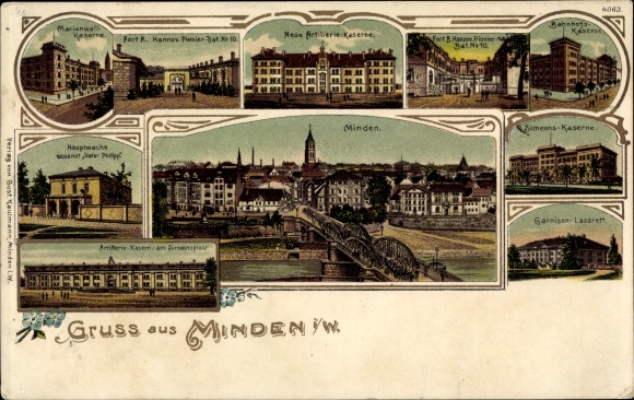 Chromo-Litho Minden in Westphalia, Marienwall Barracks, New Artillery Barracks, Hauptwache, Simeon's Barracks