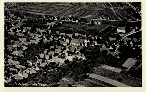 Postcard Schutterwald in Baden Württemberg, aerial view of the village, church visible, rural surroundings