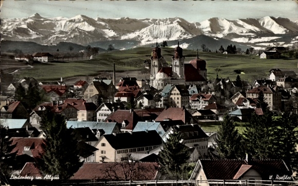 Ak Lindenberg im Allgäu Schwaben, schilderachtig landschap met kerken en bergen, kleurrijk