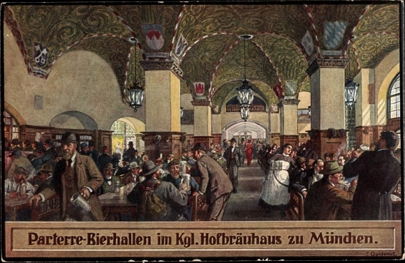 Artist Postcard Quidenus, Fritz, Munich Bavaria, Hofbräuhaus, parterre beer halls