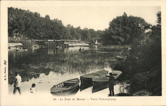 Ak Champigny sur Marne Val de Marne, Flusslandschaft, Boote, Bäume, Menschen am Ufer