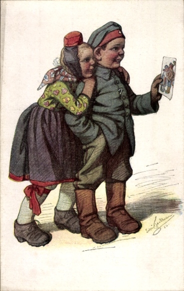 Artist Postcard Beithan, Emil, Soldier, Schwalm woman in Hessian costume, I. Wk