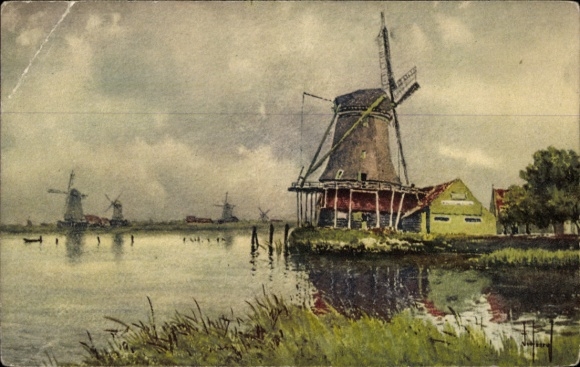 Artist Postcard Windmill, River, House