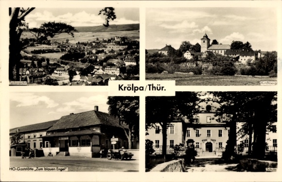Ak Krölpa in Thüringen, Teilansicht, Schule, Kirchberg, HO-Gaststätte "Zum Blauen Engel"