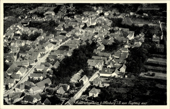 Postcard Niederschopfheim Hohberg in the Black Forest Baden, aerial view of many house roofs, church