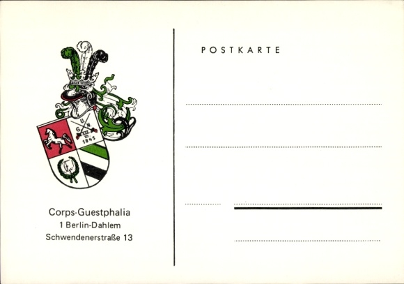 Studentika Postcard Berlin, Corps Guestphalia, Schwendenerstraße 13, Dahlem, KSCV, coat of arms