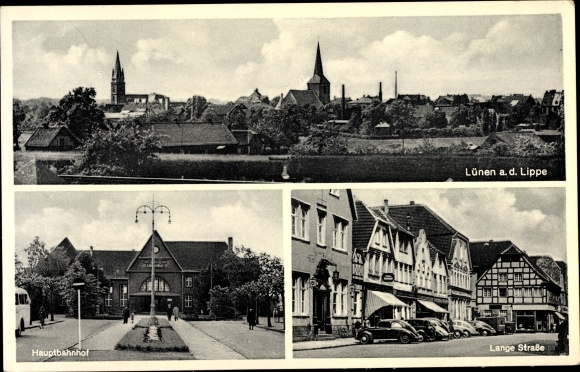 Postcard Lünen in Westfalen, long street, main station front, general view