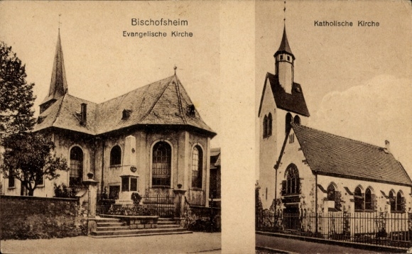 Postcard Bischofsheim Mainspitze Hesse, Protestant Church, Catholic Church