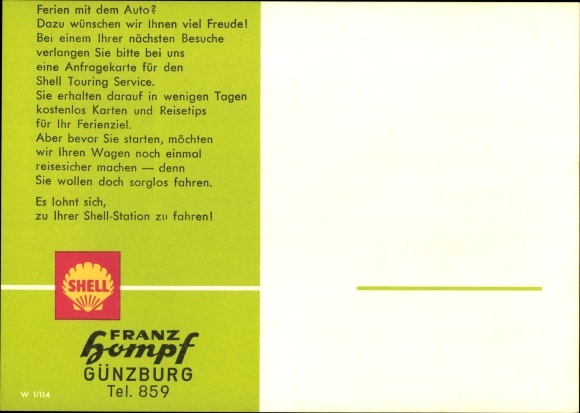 Postcard Free travel advice, mechanics, Shell station Franz Hompf, Günzburg an der Donau