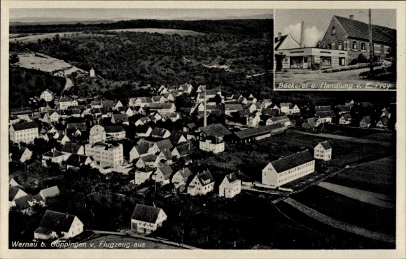 Postcard Wernau am Neckar, aerial photograph, bakery E. Frey