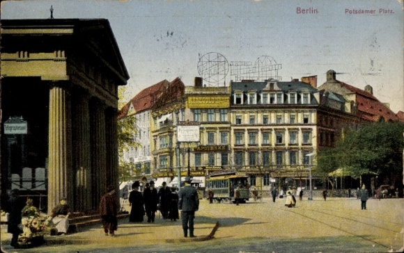 Postcard Berlin Tiergarten, Potsdamer Platz, tram, passers-by