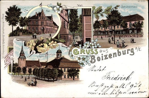 Chromo-Litho Boizenburg on the Elbe, Schützenhaus, market, church, town hall, wall