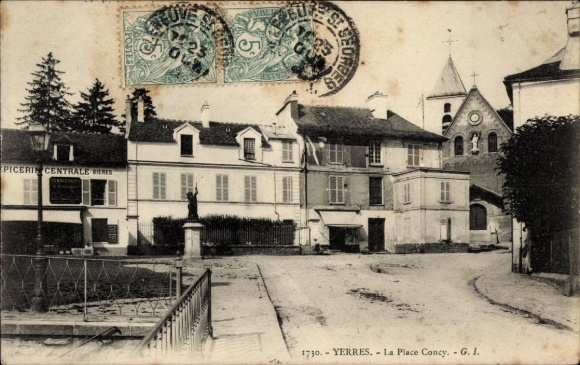 Ak Yerres Essonne, Place Concy in Yerres met kerk en winkels