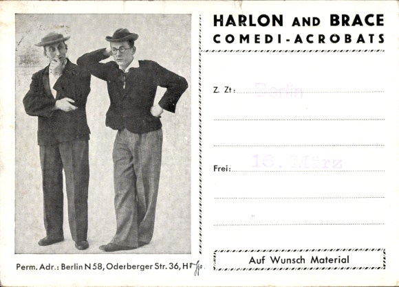 Ak Harlon and Brace, Comedi-Acrobats, Berlin Oderberger Str. 36