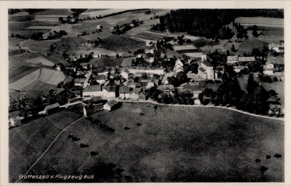 Postcard Gotteszell in Lower Bavaria, Gotteszell from a bird's eye view, various buildings, a...