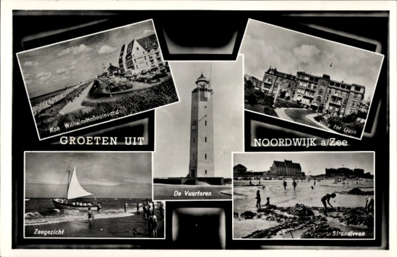 Postcard Noordwijk aan Zee South Holland, beach life, lighthouse, Wilhelmina Boulevard