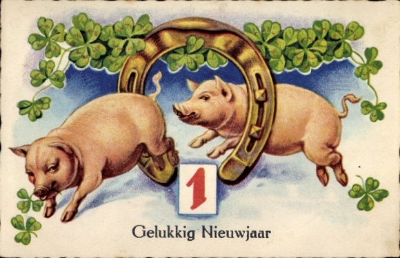 Greeting card Happy New Year, pigs, horseshoes, lucky clover
