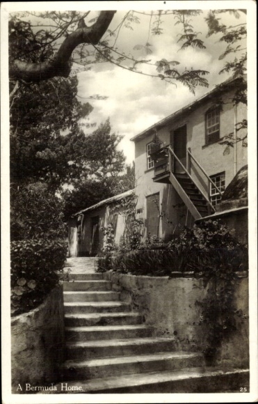 Postcard Bermuda, A Bermuda Home, house with stairs, green plants, sunny sky