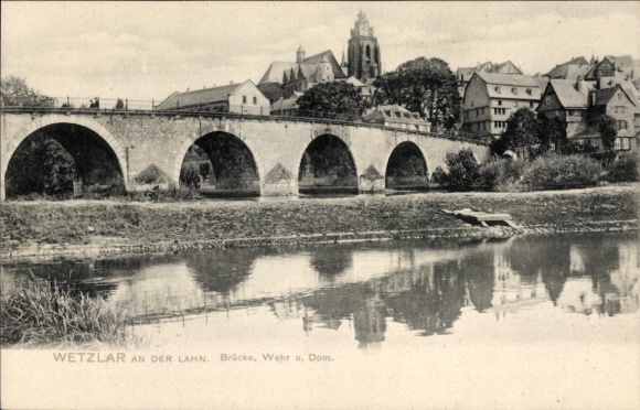 Postcard Wetzlar on the Lahn, bridge, weir, cathedral, Lahn, Wetzlar