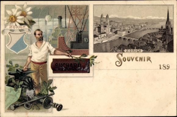Chromo-Litho Zurich City Switzerland, Blacksmith, Chocolat Suchard Advertisement