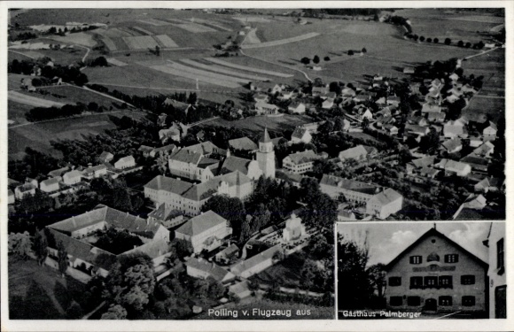 Ak Polling bij Weilheim Opper-Beieren, luchtfoto van Gasthaus Palmberger, landelijke omgeving