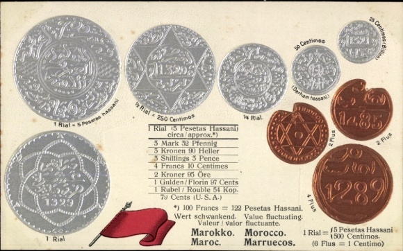 Präge Ak Marokko, Fahne, Münzen, Währung